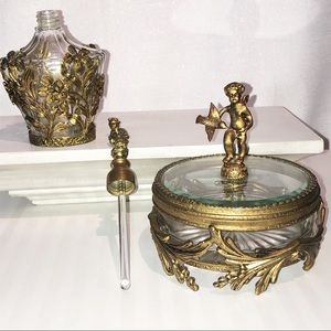 Vintage glass/brass fragrance decanter &powder box